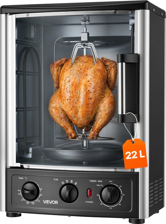 VEVOR Verticale Dönergrill 22 L 1500 W Gyrosgrill Kebabgrill Shawarma voor Gezinnen en Kleine Gezelschappen, 0-240 °C, 0-60 min Timer, met Draaispit, Grillrooster, Lekbak en Kruimellade
