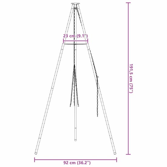 vidaXL - Kampvuur - tripod - Zwart - 92 - x - 92 - x - 191,5 - cm - Staal