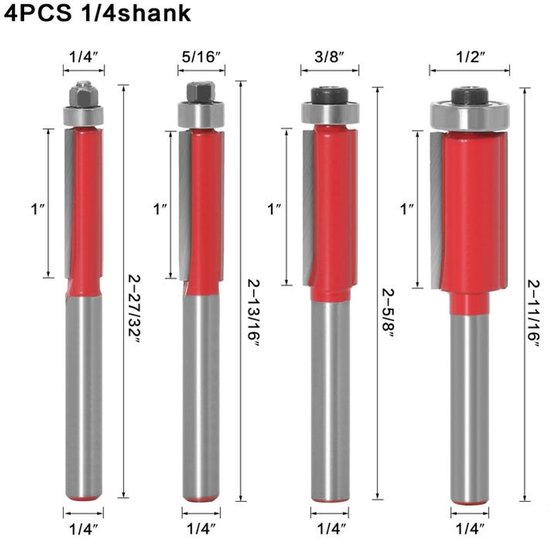 Vierdelige profielfreesset, 1/4 inch houtbewerkingsgereedschap, met bovenlager, vlakke frees. van Kinzo.