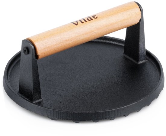 Vilde Cast Line Serie - Gietijzeren Hamburgerpers - 17,5 cm - Houten Handgreep van Merkloos
