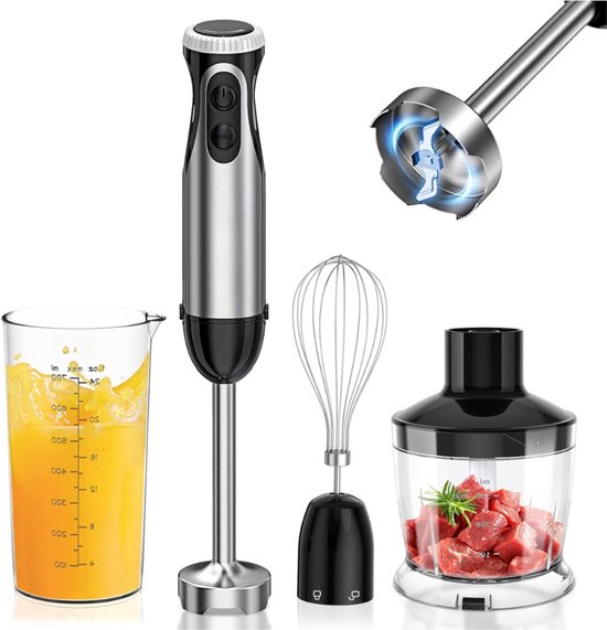 VIN® Staafmixer Set - 4-in-1 Handmixer 1000Watt - Hakmolen Roestvrij Staal – Handblender met Turbo – Professionele Hakmolens 240V – Staafmixer 1000 watt - Staafmixers - Staal/Zwart van Merkloos