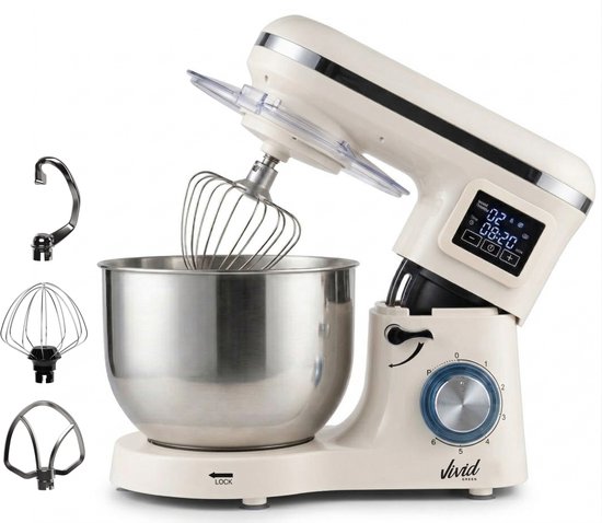 Vivid Green 2000W Keukenmixer - Display en Timer - Keukenmachine - 6.2L - Keukenrobot - Mixer met Mengkom - Creme van Merkloos