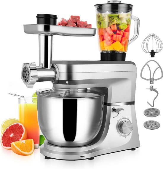 VIVOHOME 6-in-1 Keukenmachine - 6L, 660W, Zilver, met Vleesmolen & Pastamachine - Professionele Mixer voor Brood, Deeg & Taarten van VIVOHOME