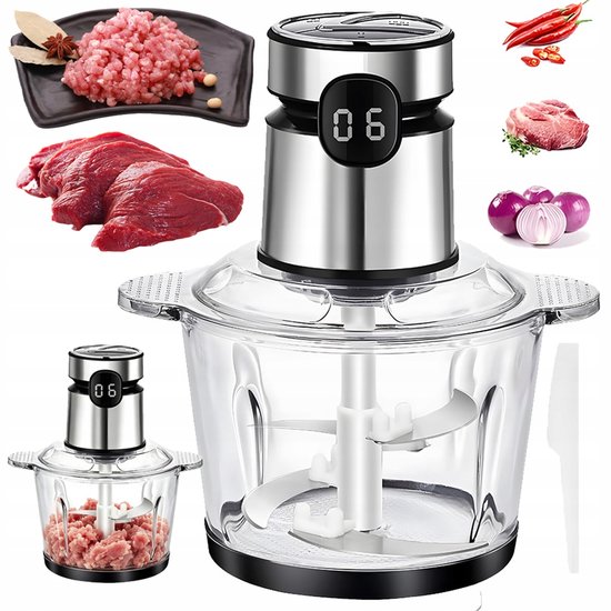 Vleesmolen - 200W Elektrische Vleesmolen - 3 Snelheden & Digitale Timer - 1.75L Borosilicaat Glas - Oververhittingsbeveiliging - RVS Mes & Vaatwasser - Voor Vlees & Groenten