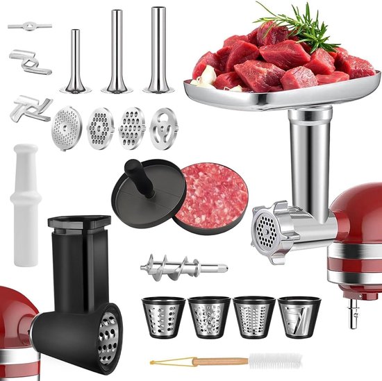 Vleesmolen Kaasrasp - Keukenmachine Opzetstuk - Worst Maken - 20 Delige Set - 1.82 Kilogram - Rood