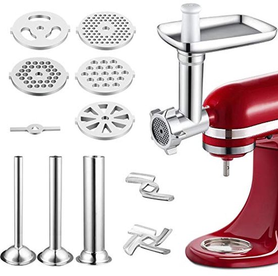 Vleesmolen Opzetstuk - Keukenmachine Accessoire - Zelf Vlees Malen - Met 3 Worstvullers - 1 Kilogram Capaciteit - Rood