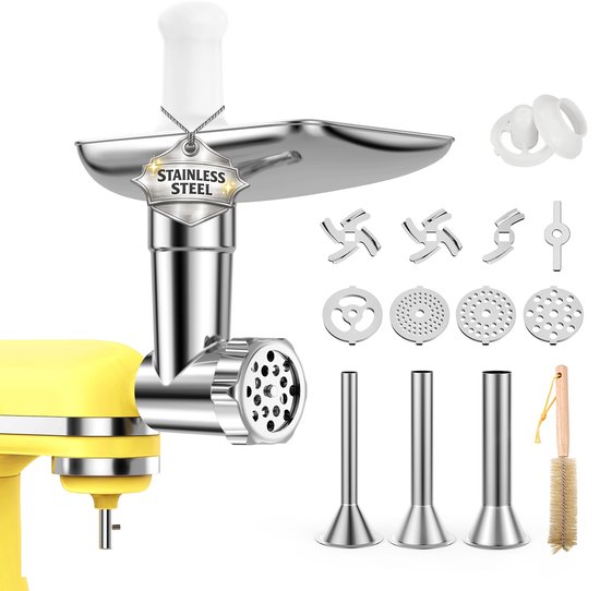 Vleesmolen-Opzetstuk RVS voor KitchenAid Standmixer – Opzetstuk voor Keukenhulp met 4 Maalschijven, 3 Worstbuizen, 2 Maalmessen & 1 Gehaktbalmaker – Vaatwasmachinebestendig – Van MMOBIEL van Merkloos