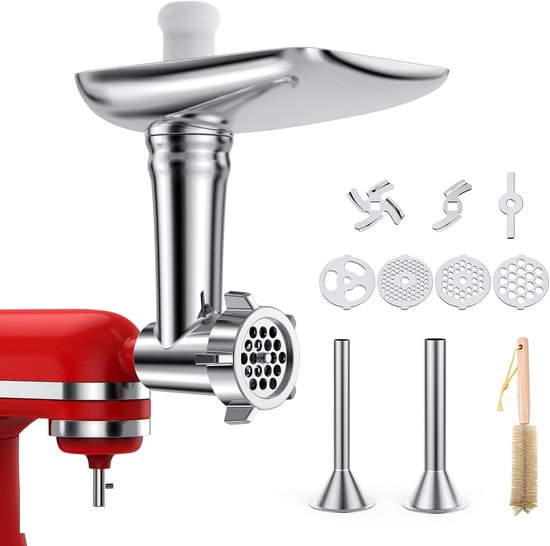 Vleesmolen-Opzetstuk voor KitchenAid Standmixer – Opzetstuk voor Keukenhulp met 4 Maalschijven, 2 Worstvulbuizen, 2 Maalmessen – Vleesmolenaccessoires voor KitchenAid van MMOBIEL