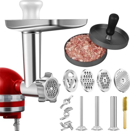 Vleesslijpbevestiging voor Kitchenaid Stand -mixers, metalen vleeshulpbevestiging inclusief 3 worstvulpijpen en een houder, 4 slijpplaten, 2 slijpende messen van Merkloos