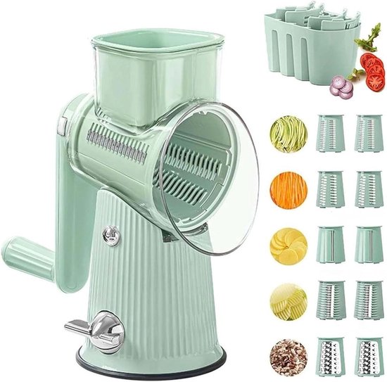 Voedselhakker Groente rasp - Keukenmachine Handmatig - Ingrediënten Snijden - 5-in-1 Roterend Systeem - 23.5 cm - Groen