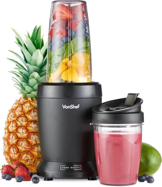 VonShef Blender Smoothiemaker - Mini Kitchen Blender for Fruits, Vegetables and Ice Crusher, 1000W, w/500ml & 800ml Portable Cups, 1 Button Control - Black