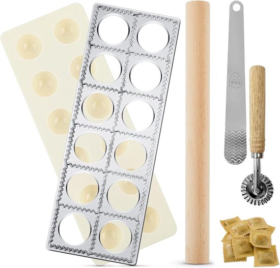 Vormset, aluminium vorm met 12 vakjes voor ravioli met pastarol en deegroller van hout, complete set 5-delig pastagereedschap voor thuis, eenvoudig te bedienen