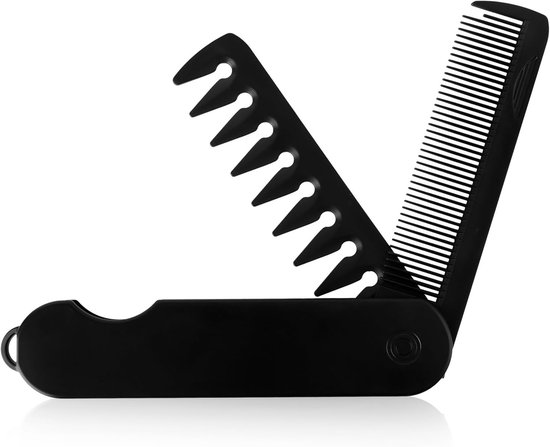 Vouwbare 2-in-1 Pocket Kam voor Mannen, Draagbare Kam met Fijne en Brede Tanden voor Haar, Baard en Snorverzorging (Zwart) van Merkloos
