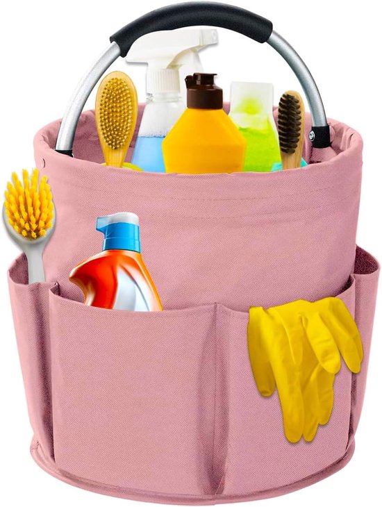 Vouwbare en Waterdichte Schoonmaakmand met Handvat en 6 Compartimenten voor Tuin, Badkamer en Huishoudelijk Gebruik, Roze