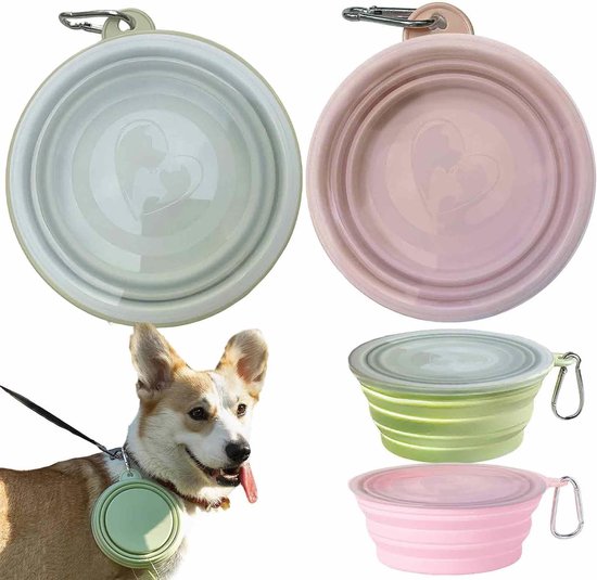 Vouwbare Siliconen Waterbak voor Honden en Katten - Draagbare Voedsel- en Drinkbak met Deksel en Karabijnhaak - Ideaal voor Reizen (Roze & Cyan, Klein, 350 ml) van Merkloos