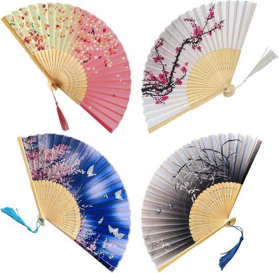 Vouwfans Set van 4 Stuks - Klassieke Antieke Vouwfans met Kwastjes voor Dansshows en Decoratie van Merkloos