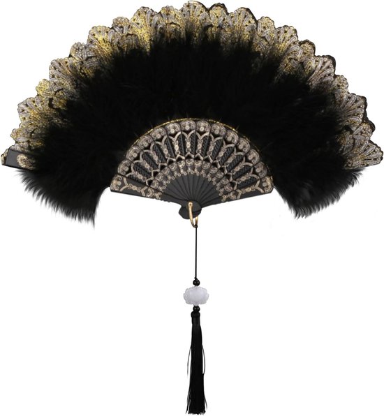 Vrouwelijke handgeweven veerfan met bloemen, vintage stijl, opvouwbaar voor feesten, bruiloften en dansen - Zwart van Merkloos