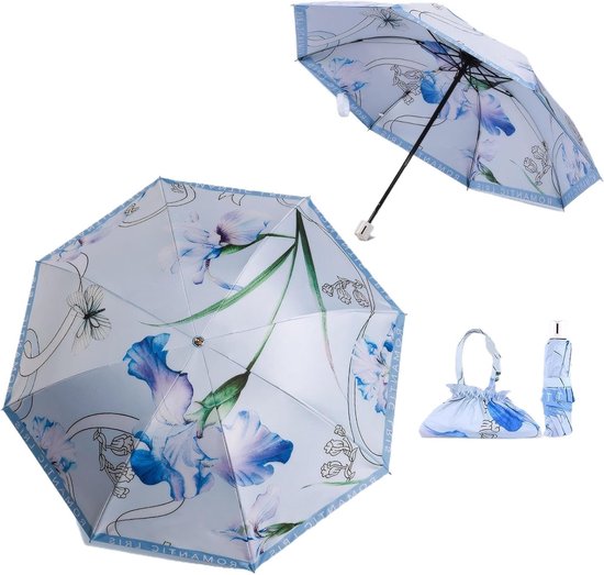 Vrouwelijke Parasol met Handtas, UPF50+, UV Bescherming, Lichtgewicht en Waterdicht, Retro Bloem Motief voor Reizen en Zomeruitjes
