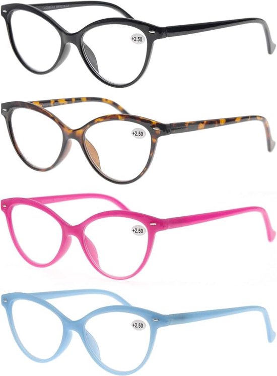 Vrouwen Leesbril 1.75 4 Pack Mode Kleuren Cat Eye Lezers voor Dames Compact Spring Scharnier Lichtgewicht Frame Inclusief Pocket