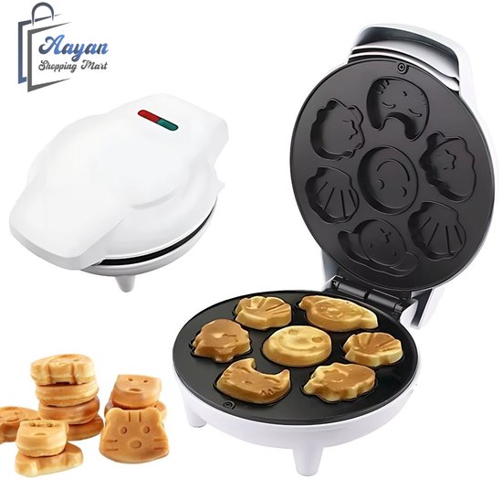 Wafelijzer met Figuren 1200W - Wafelmaker & Koekjesmaker met Diverse Patronen - Anti-aanbaklaag - 20x20 cm - Wafelijzer met Leuke Vormen (Kat, Hond, Smiley) - Kinder Wafels - Compact - Wit - 78465 van aayan