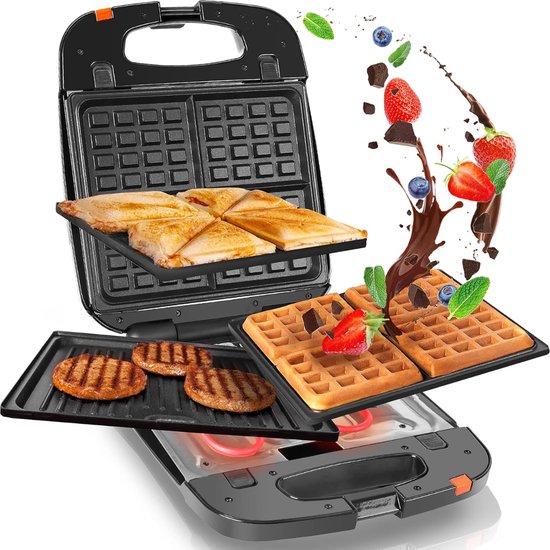 Wafelijzer met verwisselbare platen - 3 in 1 apparaat - Wafels, grill & tosti - 3 verschilende platen - Anti aanbakplaat - Must have voor in de keuken!