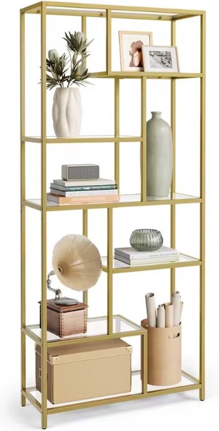 Wandkast - Boekenrek - Decoratie kast - Plankenstandaard - Woonkamer meubel - Winkeldecoratie - Badkamer - Keuken - Open vakken kast - Kantoorkast - 6 planken - Gehard glas - Goudkleurig - 30x80x180 cm van Merkloos