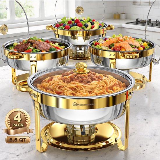 WARMOUNTS 4-delige Chafing Dish Set 6,15 L – Ronde RVS Buffet Warmhouders met Glazen Deksel voor Feest, Bruiloft & Catering – Goud