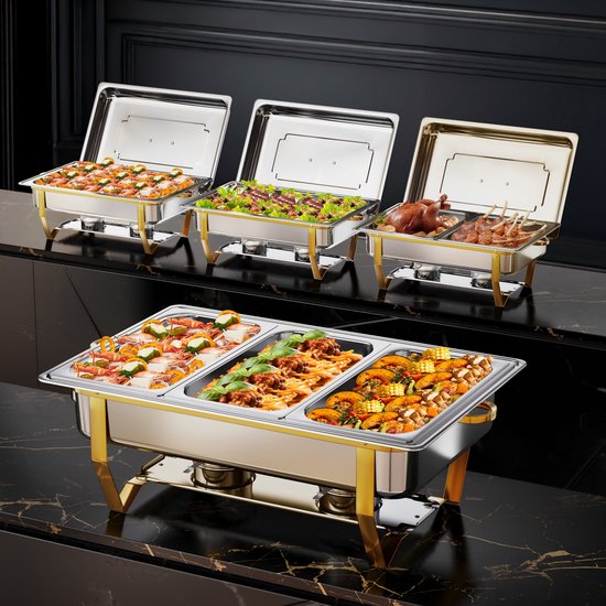 Warmounts 4-delige Gouden Chafing Dish Set – 7,6L Rechthoekige Warmhoudbakken van RVS met Meerdere Inzetbakken, Opvouwbaar Frame & Dekselhouder