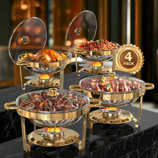 WARMOUNTS 4-delige Luxe Goudkleurige Ronde RVS Chafing Dish Set 4,7L – Buffetverwarmer voor Thuis, Party, Kerst, Feestdagen en Bruiloften