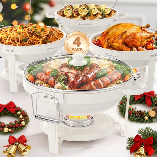 WARMOUNTS 4-delige Ronde Chafing Dish Set 4,7L – Wit, RVS Speisewärmer met Glasdeksel, Stapelbaar, Inclusief Dekselhouder – Voor Buffet, Bruiloft & Feest