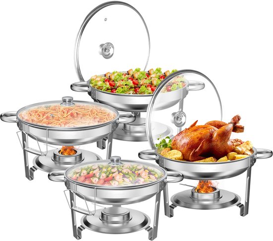 Warmounts 4-delige Ronde Chafing Dishes Buffetwarmer 4,7L – RVS met Glasdeksel, Stapelbaar, Met Dekselhouder – Party & Buffet Verwarming