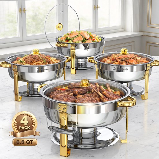 WARMOUNTS 6L Chafing Dish Set (4 Stuks) – Ronde Roestvrijstalen Warmhoudschalen met Glasdeksel, Stapelbaar Buffet Rechaud met Dekselhouder – Zilver & Goud, Voor Catering, Feest, Bruiloft
