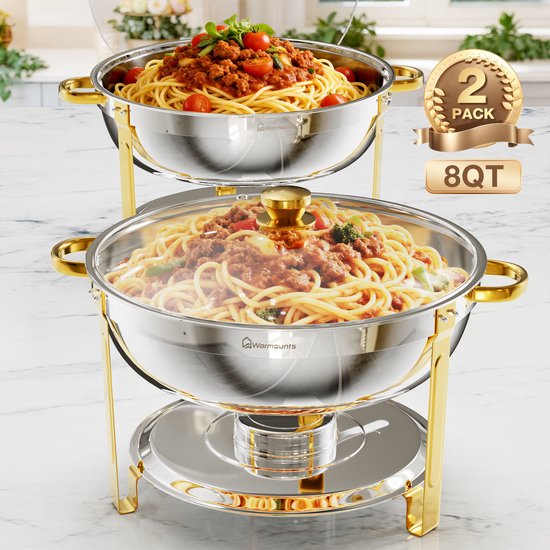 WARMOUNTS Chafing Dish Set 2-delig Goud 7,6L Roestvrijstalen Buffet Warmhouders Rond met Glazen Deksel voor Feest, Bruiloft en Catering