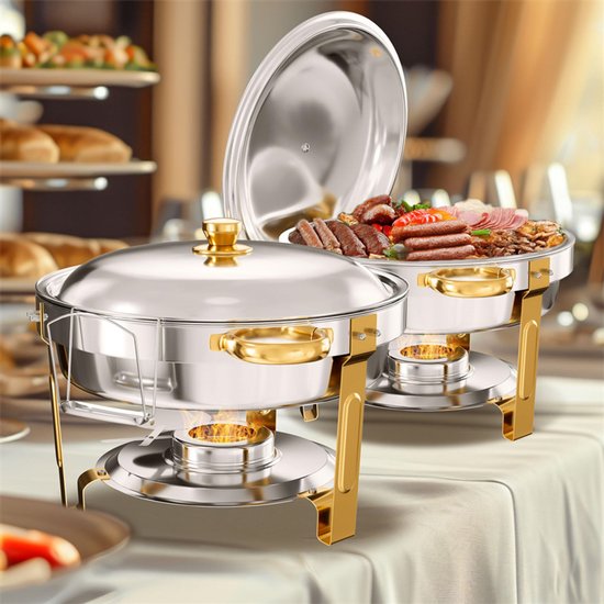 WARMOUNTS Chafing Dish Set 2 Stuks Goud – 4,73L RVS Buffet Warmhoudbak met RVS Deksel en Dekselhouder – Ronde Voedselverwarmer voor Catering, Feest, Bruiloft en Horeca