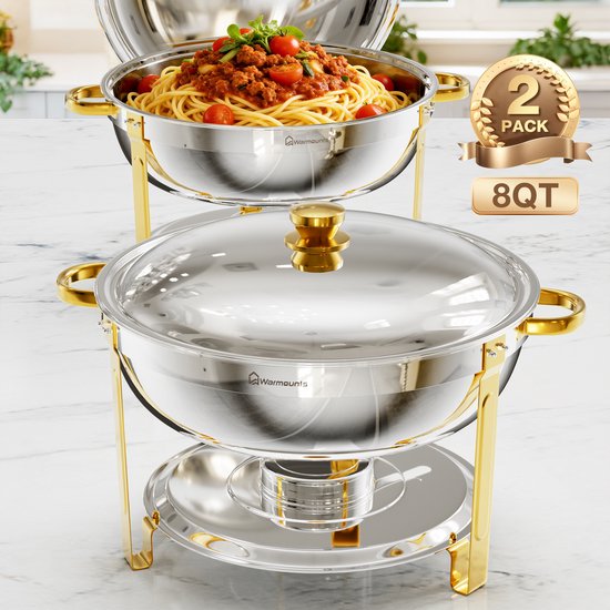 WARMOUNTS Chafing Dish Set 2 Stuks Goud – RVS Warmhoudbakken met Deksel – 2× 7,6L Buffet Schaal – Catering, Feest & Bruiloft