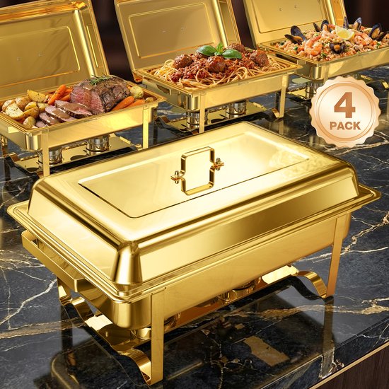 WARMOUNTS Chafing Dish Set 4 Stuks – 10,4 L Grote Buffetwarmhouders – RVS Bain-Marie Warmhoudbakken met Deksel – Goud – voor Catering, Feesten en Bruiloften
