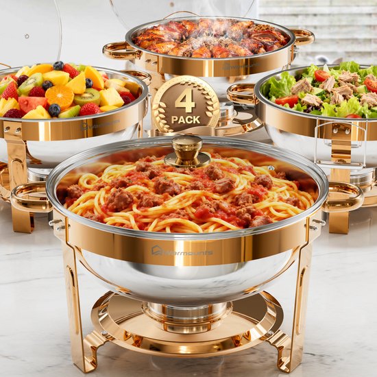Warmounts Chafing Dish Set 4 stuks – 5QT Roestvrijstalen Buffetwarmer Rond Roségoud met Glazen Deksel & Dekselhouder – Stapelbare Party- en Cateringoplossing
