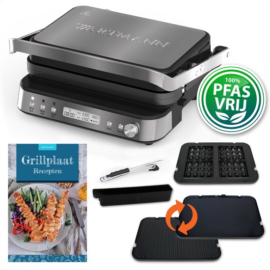 Wartmann Contactgrill - Wafelijzer - Tosti Apparaat - Paninigrill en Tosti ijzer - PFAS-vrij - Uitneembare Platen - Groot Grilloppervlak - Snel Warm (2000W) - RVS