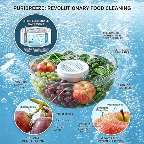 Wasmachine voor groenten en fruit, draagbare titanium elektrolyse, fruit- en groentenreinigingsmachine, IPX7 waterdichte voedselreiniger voor fruit, groenten, vlees en servies - wit