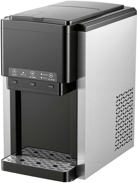 Waterdispenser met Geïntegreerde Ijsmaker (16 kg/Dag), 3-in-1 Tafelmodel, Produceert 12 Ijsblokjes in 7 Minuten. Snelle Werking met Opvangbak, Geschikt voor Bolvormig en Gemalen Ijs en Koud Water, Ideaal voor Gebruik in de Keuken of Bij Feestjes.