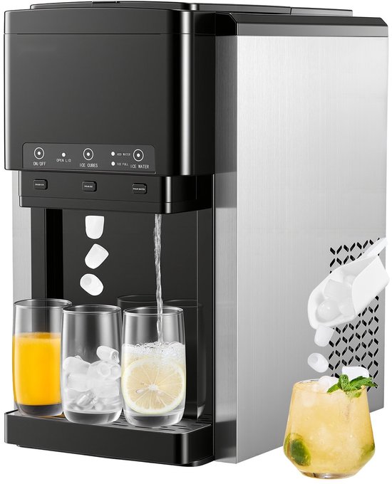 Waterdispenser met ijsmaker (ijsblokjesmachine) - Tafelmodel 3-in-1 - IJsproductie 16 kg/dag - Tot 12 ijsblokjes in 7 min - Bolvormig & gemalen ijs - Met opvangbak - Koud water van Merkloos