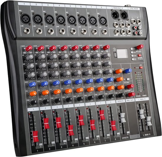 Wecan Mengpaneel 8 kanaals stereo live mengpaneel, audio mixer 8 kanaals muziek mixer, DJ mixer board karaoke mengpaneel audio interface met Bluetooth MP3 48V fantoomvoeding FX analoge digitale effecten
