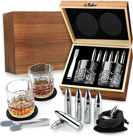 Whiskyglazen set - Whisky Geschenkdoos - Verjaardagscadeaus mannen - Roestvrij Staal Whisky Stones - Whisky Glas Set - Papa Kerstmis - Man van Flow Barware