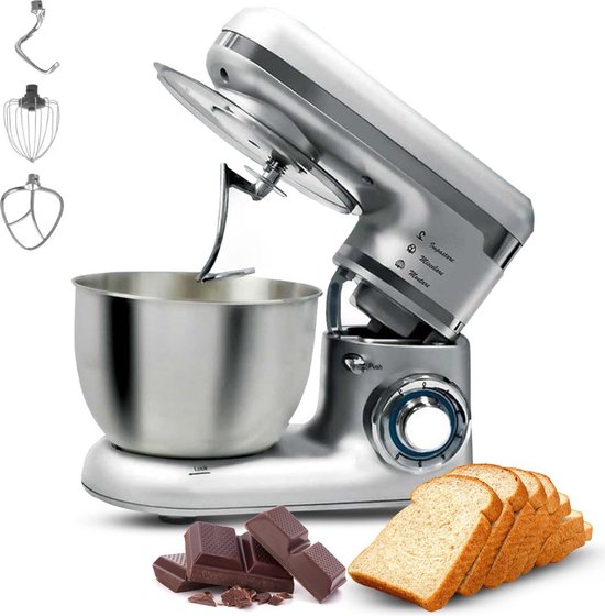 White-Label® Luxe Deegmachine met Spatbescherming - Deegmachine voor Zwaar Deeg - Met Deeghaak en Garde - Kneedmachine - Keukenmachine - Zilver van White-Label®