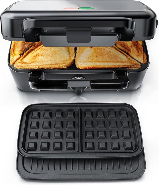 White-Label® Wafelijzer met Verwisselbare Platen - Contact Grill - Tosti Apparaat - Zwart en Zilver