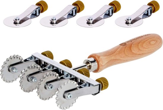 Wiel voor vers bladerdeeg, 4 verstelbare gladde messen + spaarset met 4 gezinkte messen | diameter 36 mm van roestvrij staal en houten handvat | deegsnijder. Com [Made in Italy]