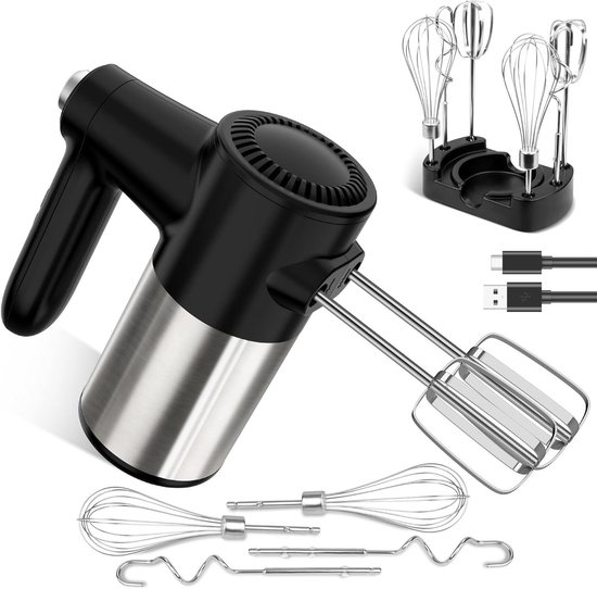 Wireless Hand Mixer, Digital Display, 7 Speeds, USB Rechargeable Electric Hand Mixer with 6 Stainless Steel Attachments, Whisk, Dough Hook and Base
