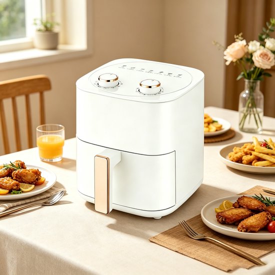 Witte airfryer van 6 liter met 7 menu-opties instelbare timer en temperatuurregeling en een frituurmand van roestvrij staal met antiaanbaklaag