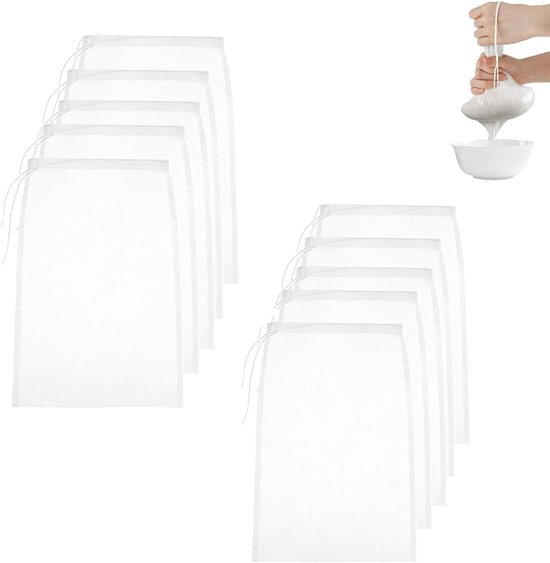 Witte Juicer Zak - 10 Stuks Nylon Filterzakken met Trekkoord voor het Filteren van Sojamelk, Sap en Groenten, Herbruikbaar en Wasbaar