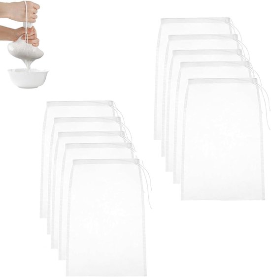 Witte Juicer Zak - 10 Stuks Nylon Filterzakken met Trekkoord voor het Filtreren van Sojamelk, Sap en Groenten, Wasbaar en Herbruikbaar